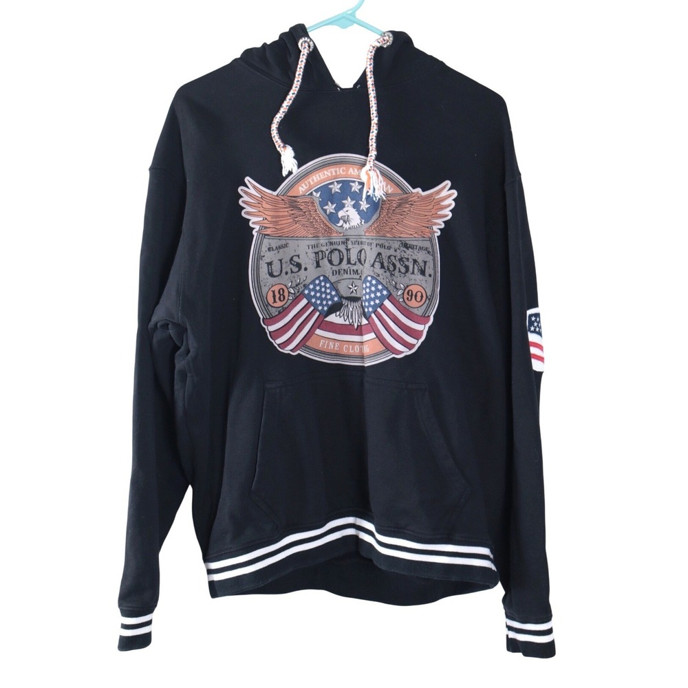 Y2K US Polo Assn Mens XXL Black Americana Graphic Eagle Flag Pullover Sweatshirt - Picture 2 of 8